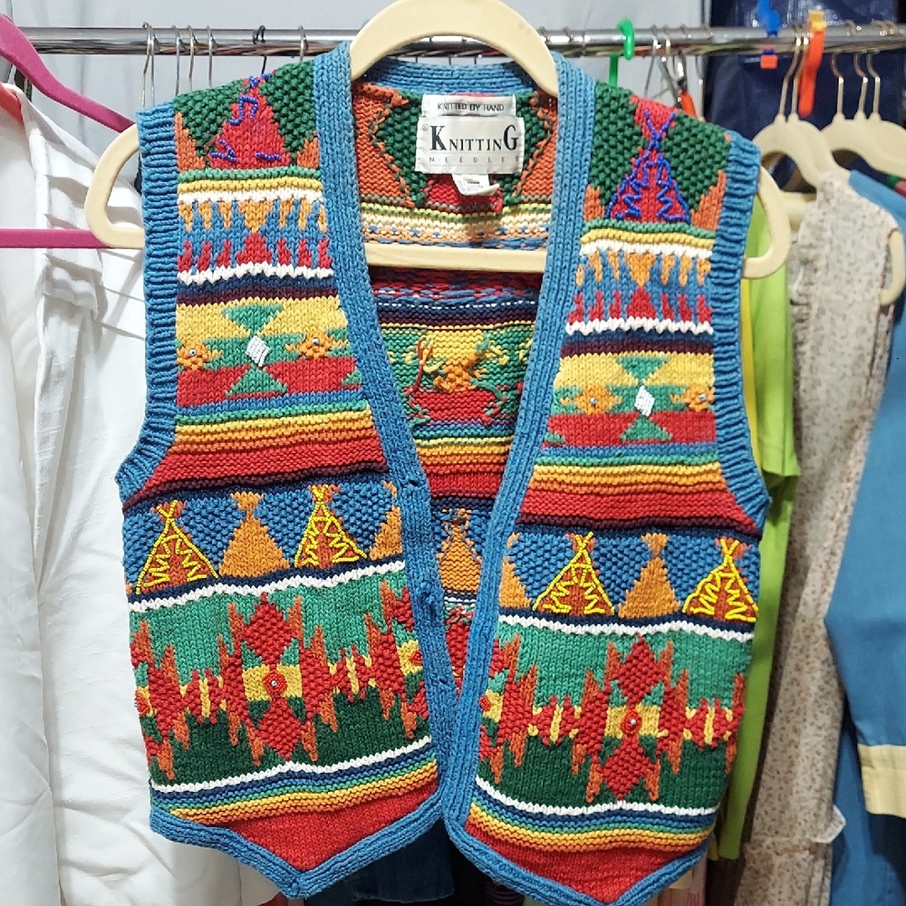 Vintage Knitting Needles southwestern Native American Vest size small invw315